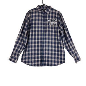 A$$holes Live Fovrever Mens Shirt Navy Beige Plaid Button Down Cotton Blend L